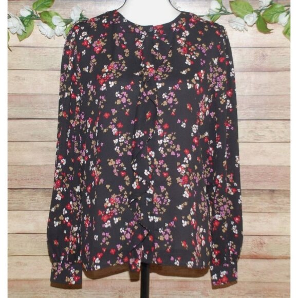 Ann Taylor Ladies Black Floral Long Sleeve Blouse Size S Button Up Ruffle Front - Picture 1 of 10